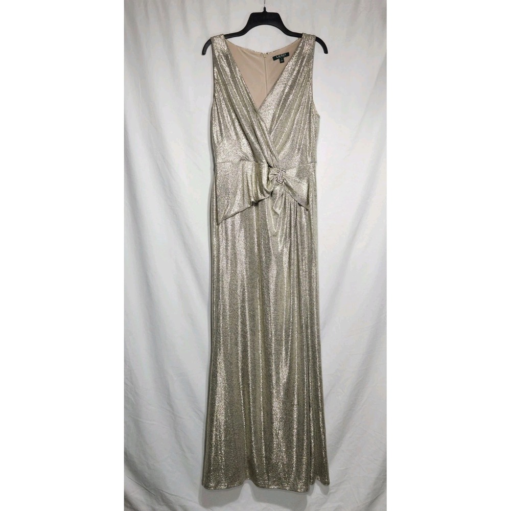 Lauren Ralph Lauren Womens Gold Metallic Wrap Dress 14 Ruched Sleeveless Formal